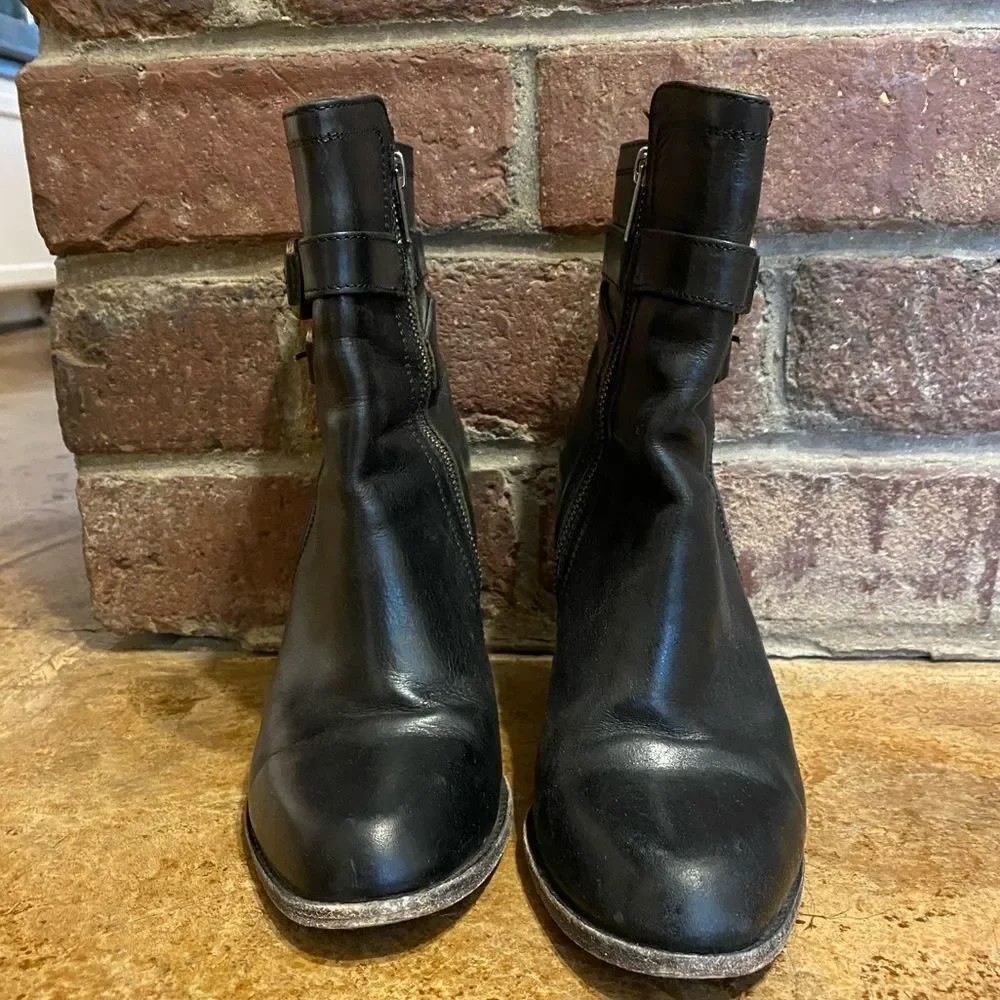 Frye Black leather‎ Jenny Shield stack heeled short boot Booties sz 8.5 - Picture 4 of 11